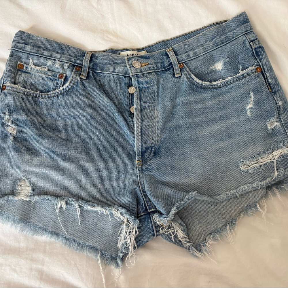 Agolde Light Blue Distressed Jean Shorts